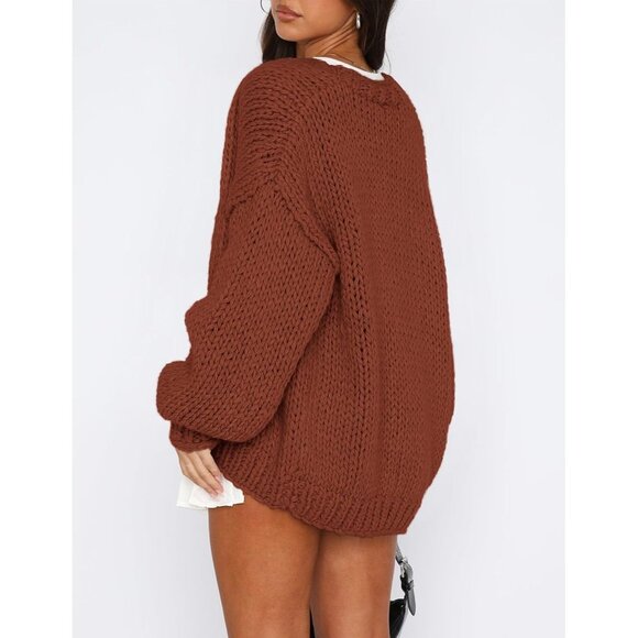 Womens Trendy Cardigan Sweaters Brown Red Long Sleeve Chunky Knit Outfits - Picture 2 of 8